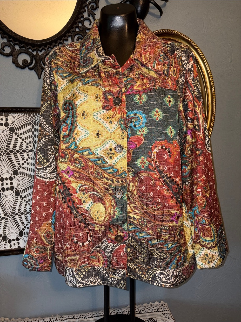 Vintage Multicolor Paisley Patchwork Button-Front Women's Blazer Jacket